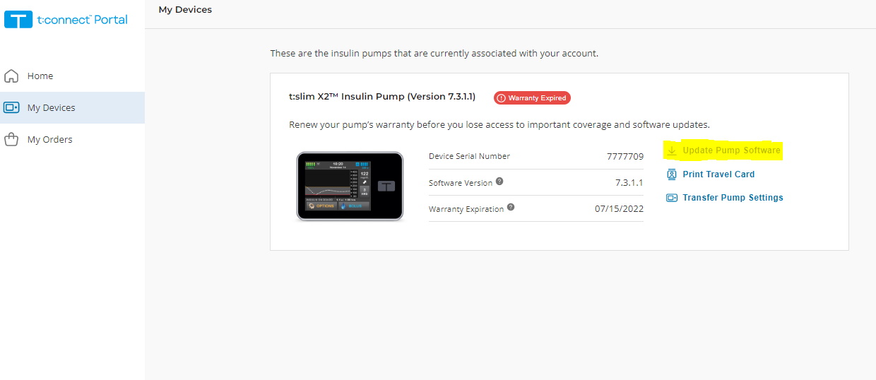 My Devices tab home page showing current pump and option to update the pump software
