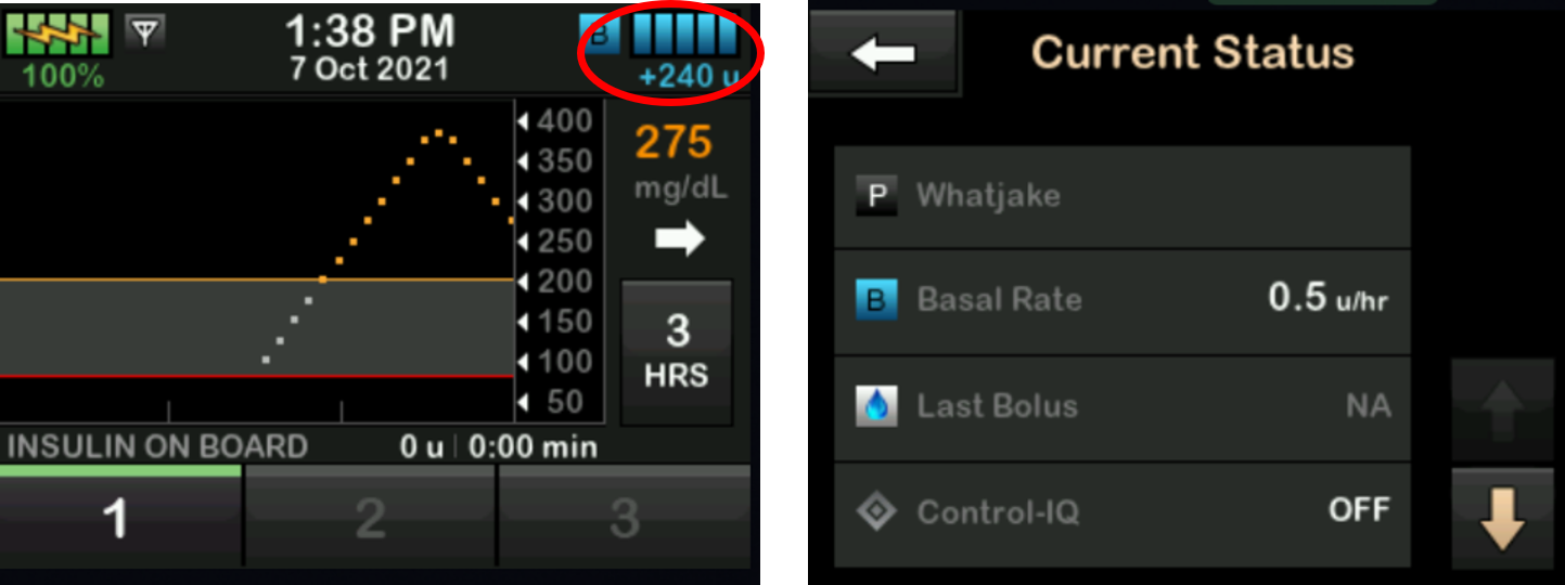 two_pump_screens_side_by_side_showing_the_insulin_gage_at_the_top_right_circled_on_the_home_screen_and_then_the_Current_Status_pump_screen.png