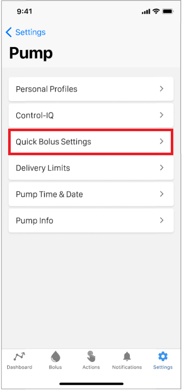 Image of Tandem Mobi Pump settings screen - Quick Bolus Settings.png