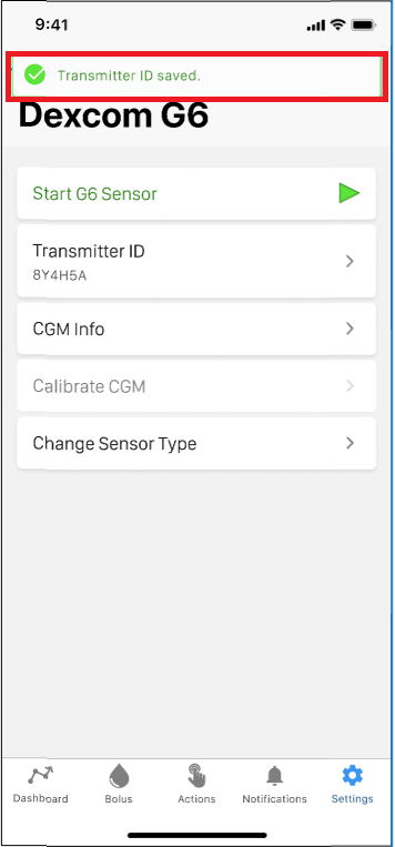 Image of Tandem Mobi Dexcom G6 Transmitter ID Saved Confirmation.PNG