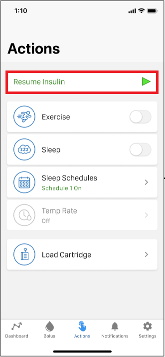 Image of Tandem Mobi Actions Screen with Resume Insulin Selected.PNG